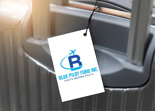 Blue Pilot Fund luggage tag with airplane logo attached to silver suitcase handle.